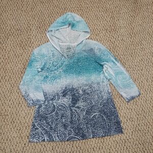 Style & Co Sport Women PM Lightweight Hoodie Blue Paisley Burnout 3/4 Sleeves